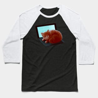 Cute Ginger Cat Asleep on a Laptop Baseball T-Shirt